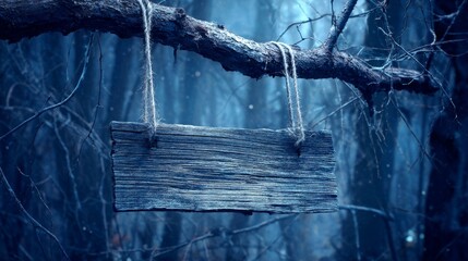 Old wooden signboard standing in eerie dark forest under moonlight on Halloween night. Mysterious spooky atmosphere with haunted woodland background, perfect for horror or autumn season concepts