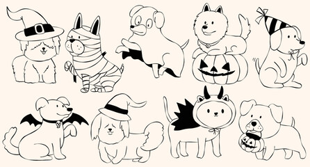 Illustration of pets dressed in halloween costumes set