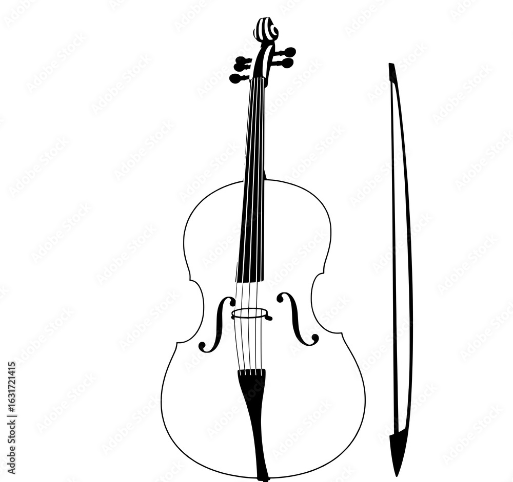 Poster monochrome vector illustration of a cello and bow. black and white graphic of a string instrument wi