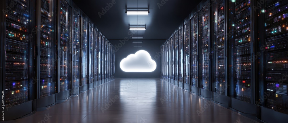 Poster the modern server room with cloud computing concept in focus.