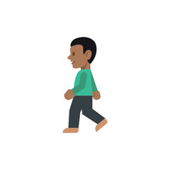 Illustration of a dark skinned man with a green shirt and dark pants walking on a white background