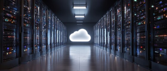 The modern server room with cloud computing concept in focus.