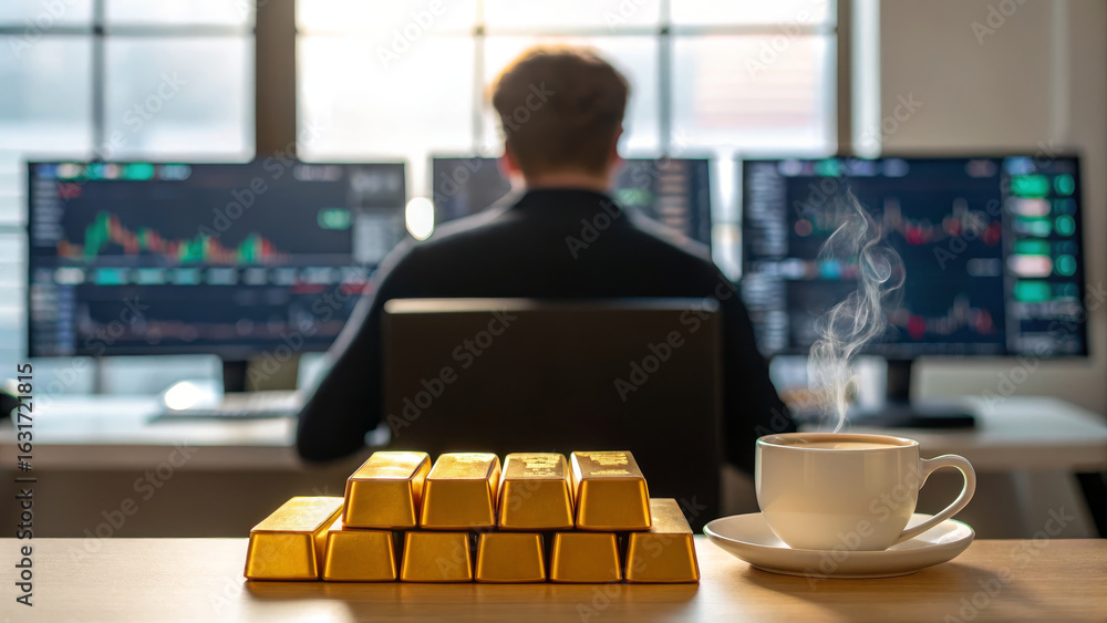 Poster trader analysis gold concept ,morning trading setup with gold bars and steaming coffee, creating foc