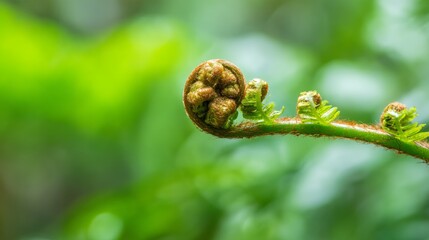 Close-up of curled fiddlehead fern frond with lush green background, showcasing delicate spiral structure, vibrant natural texture, and fresh botanical growth in tropical forest environment