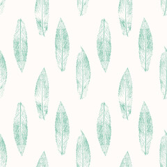Pattern with green leaves mint Mentha Piperita imprint stamp. Silhouette leaves on light background.