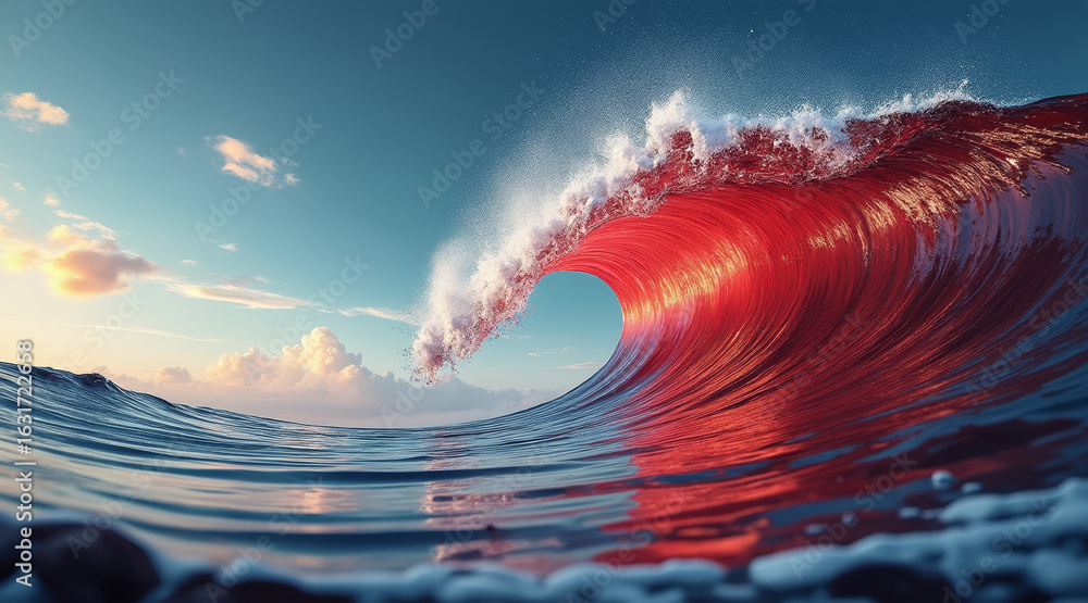 Poster dollar decline concept ,vibrant red wave crashes against ocean surface, creating stunning visual dis