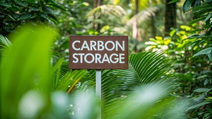Carbon storage sign lush rainforest, promoting environmental preservation and sustainability, surrounded by vibrant greenery