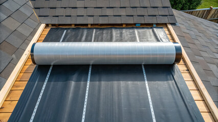 Home Construction Process concept ,Rolling out roof underlayment on wooden surface, showcasing preparation for roofing