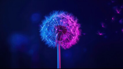 Bioluminescent Dandelion Seed Head Illuminated by Neon Pink and Blue Light