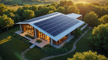Co2 reduction concept ,Eco friendly building with solar panels surrounded by lush greenery, showcasing sustainable