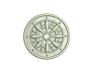 Obraz premium Embossed silvergold medallion with a textured surface featuring the eightspoked Buddhist Dharma Wheel.