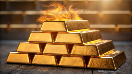Gold bar stack concept ,Stunning stacked gold bars with fiery overlay create warm and captivating atmosphere