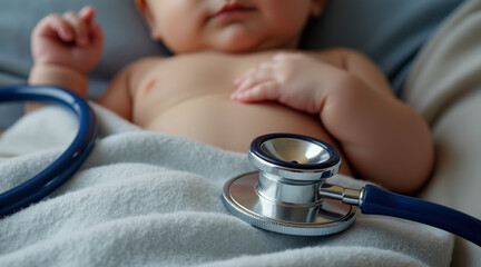 RSV concept ,stethoscope rests gently on soft blanket beside peaceful baby, conveying sense of care and health