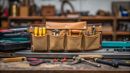 Home Construction Process concept ,tool belt filled with various tools rests workbench, showcasing craftsmanship