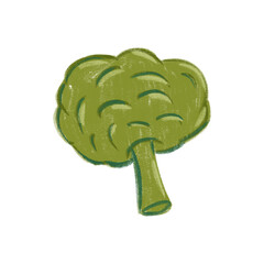 Bright green broccoli illustration with detailed texture in a playful design style