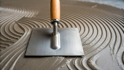 Home Construction Process concept ,Smoothing out cement layer with trowel, creating textured surface for construction