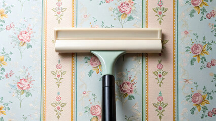 Home Construction Process concept ,Applying wallpaper with squeegee on floral patterned surface creates charming atmosphere