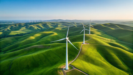 Co2 reduction concept ,Wind turbines spinning on green hills create serene landscape, showcasing renewable energy