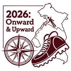 Illustration of 2026 onward and upward with compass, map, and hiking boot
