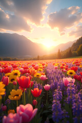 A vibrant field of colorful tulips and wildflowers blooming in a mountain valley during a spectacular golden sunset.
