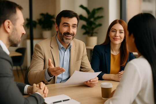 Engaging Interview Panel Deliberating with Focused Candidate During a Promising Job Interview in Bright Modern Office