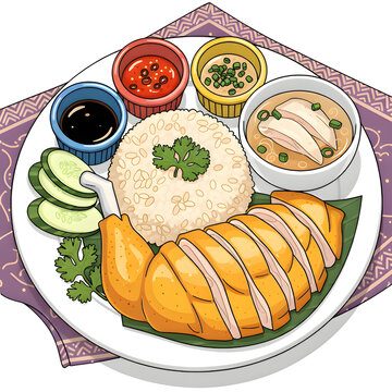 A vibrant, detailed cartoon illustration of a delicious chicken rice platter, complete with roasted chicken, fragrant rice, three dipping sauces, soup, and fresh garnishes on a Transparent background,