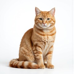 Ginger British Shorthair cat with striking green eyes sits facing camera on white background. Striped tail held high, adorable fluffy fur, cute features. Full body shot, isolated pet.