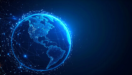 Digital earth globe with tech network lines and glowing data points, transparent back
