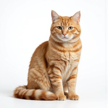 Ginger British Shorthair cat with striking green eyes sits facing camera on white background. Striped tail held high, adorable fluffy fur, cute features. Full body shot, isolated pet.