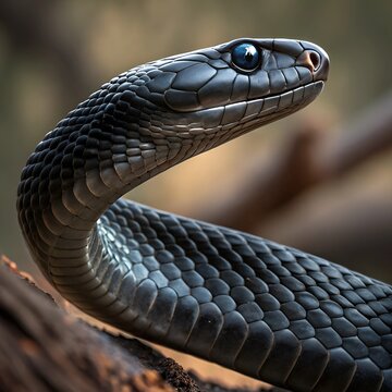 Snake, Black Mamba, light hits it from an angle making it more visible and attractive, close-up