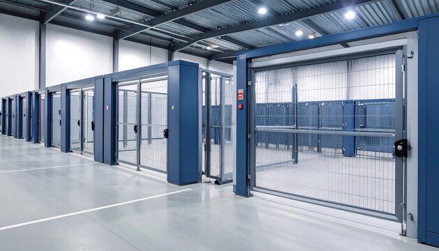 Modern warehouse interior with rows of enclosed units and metal mesh doors