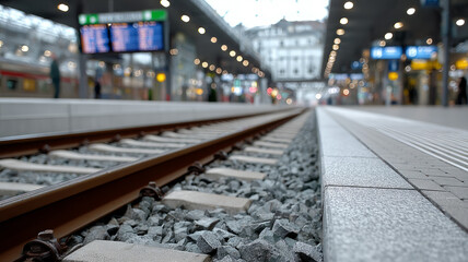 Fototapeta premium Train tracks at a railway station in urban setting.