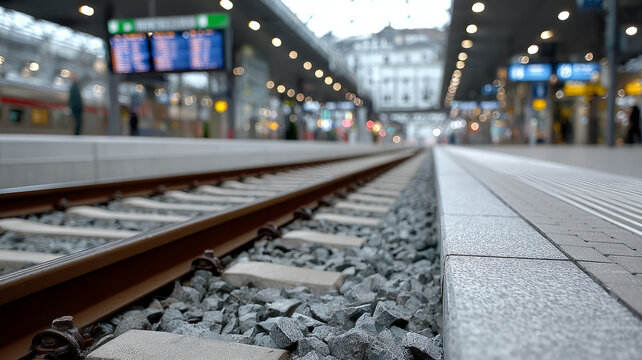 Train tracks at a railway station in urban setting.