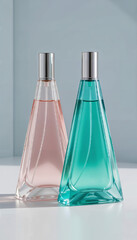 A pair of elegant tall perfume bottles featuring soft pastel-colored liquid — one in a delicate pink blush and the other in a serene aqua blue. Both bottles are crafted with clear, high-gloss glass an