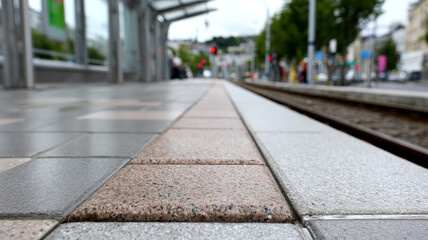 Fototapeta premium Train station platform with focus on tiled surface.