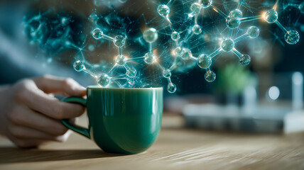 A person holds a green mug with molecules floating out of it, symbolizing ideas, innovation, or a mental boost from a beverage.