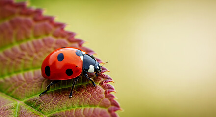 Fototapeta premium Extreme Macro Photo of Rare Red and White Ladybug on Multicolored Leaf