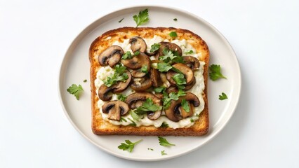 Macro Food Photography of Toast with Mushrooms and Fresh Herbs Highlighting Textural Detail and Color Contrast for Culinary Advertising