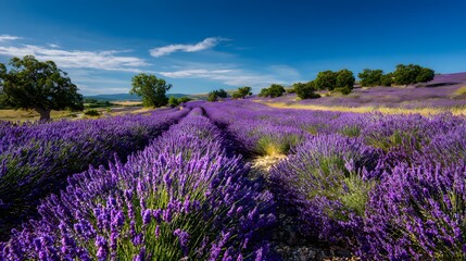 Naklejka premium Lavender Field in Full Bloom under Clear Blue Sky Vibrant Purple Landscape 