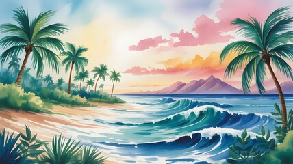 Obraz premium Watercolor tropical landscape with palm trees and ocean waves, soft blending and bright colors