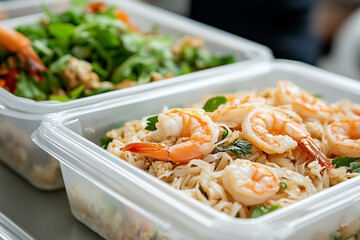Shrimp pad thai and salad in clear plastic containers for takeaway lunch