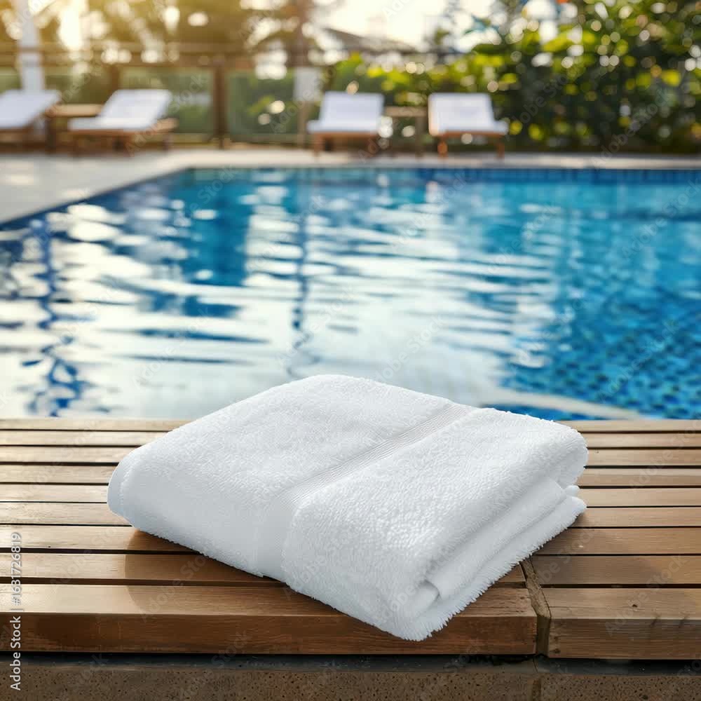 Poster a neatly folded white towel on a wooden poolside deck, captured from a low angle. sunlit pool and lo