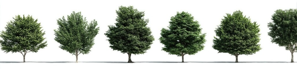 Obraz premium Row of diverse deciduous trees against a plain white background