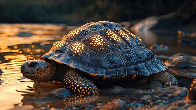  indian star tortoise close-up at chambal sunset video