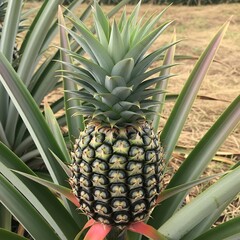 Fototapeta premium Close up of a pineapple growing in a field on a farm with a vibrant green crown and spiky leaves
