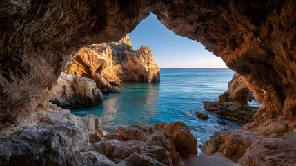 Sea Cave with Rocky Shore and Calm Blue Ocean Sunset View
