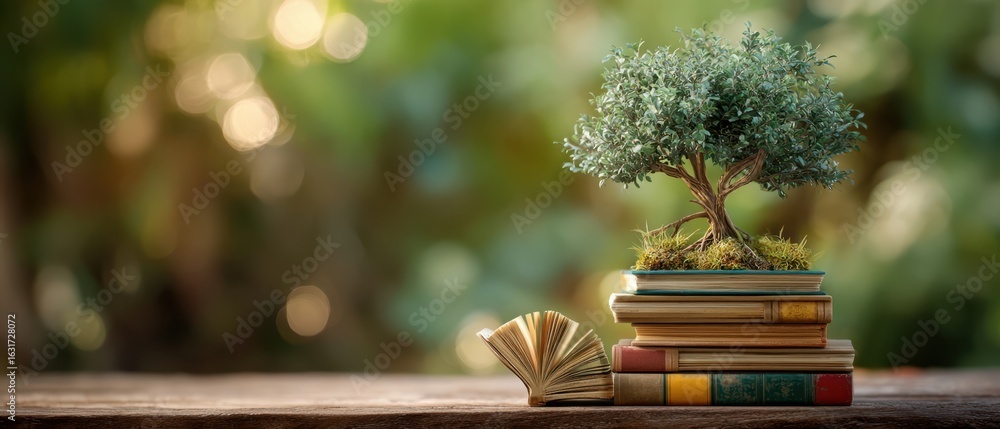 Aufkleber the tree growing from a stack of colorful books symbolizing knowledge and nature.