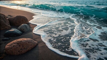 Ocean wave receding on sandy beach with rocks image