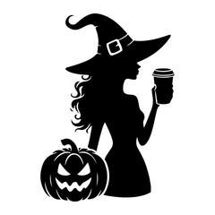 halloween witch with pumpkin Woman in witch hat with coffee cup. Pumpkin spice latte, Halloween costume. Black silhouette. Hand drawn cartoon style