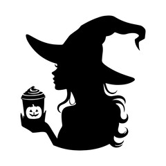 silhouette of a girl Woman in witch hat with coffee cup. Pumpkin spice latte, Halloween costume. Black silhouette. Hand drawn cartoon style